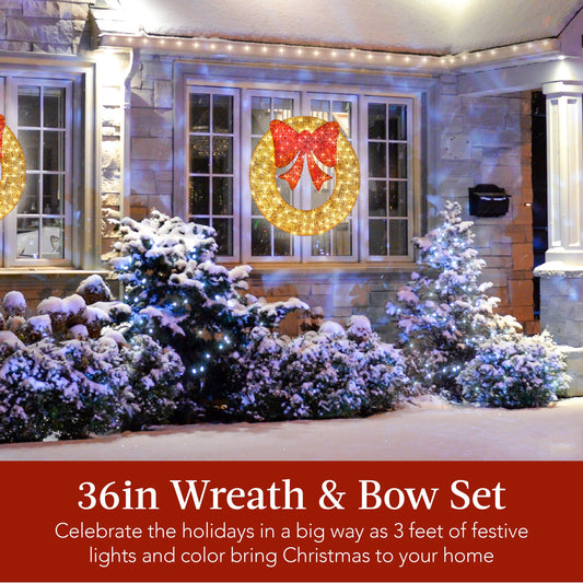 Pre-Lit Outdoor Christmas Wreath LED Metal Holiday Decor w/ Bow - 36in