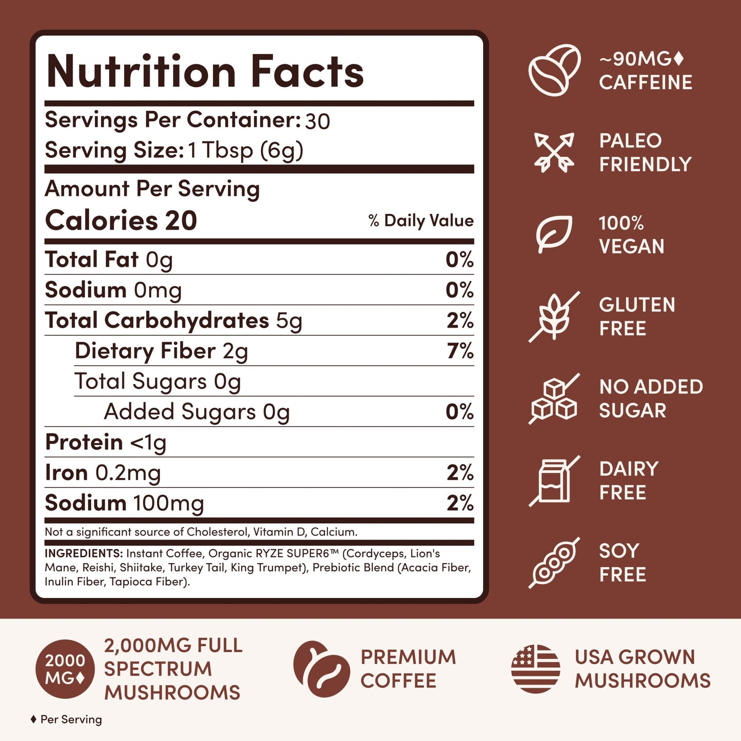 RYZE Smooth Dark Roast Mushroom Coffee (30 Servings)