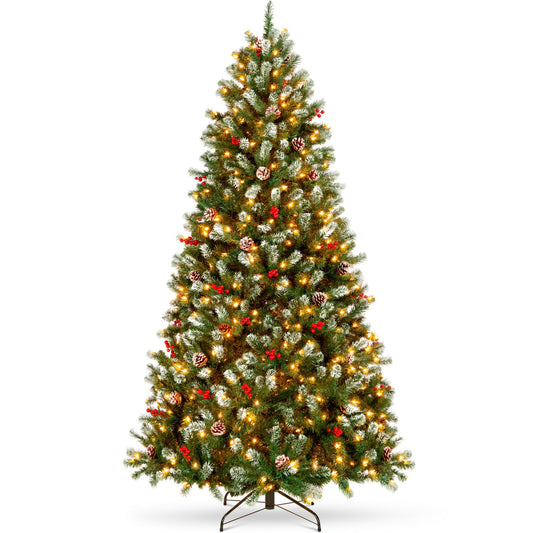 Pre-Lit Frosted Spruce Christmas Tree w/ Pinecones Berries Metal Base