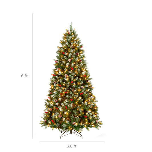 Pre-Lit Frosted Spruce Christmas Tree w/ Pinecones Berries Metal Base