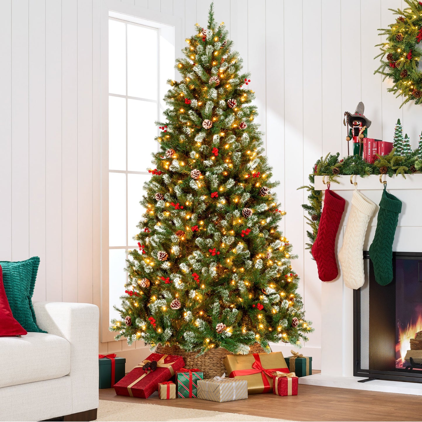 Pre-Lit Frosted Spruce Christmas Tree w/ Pinecones Berries Metal Base