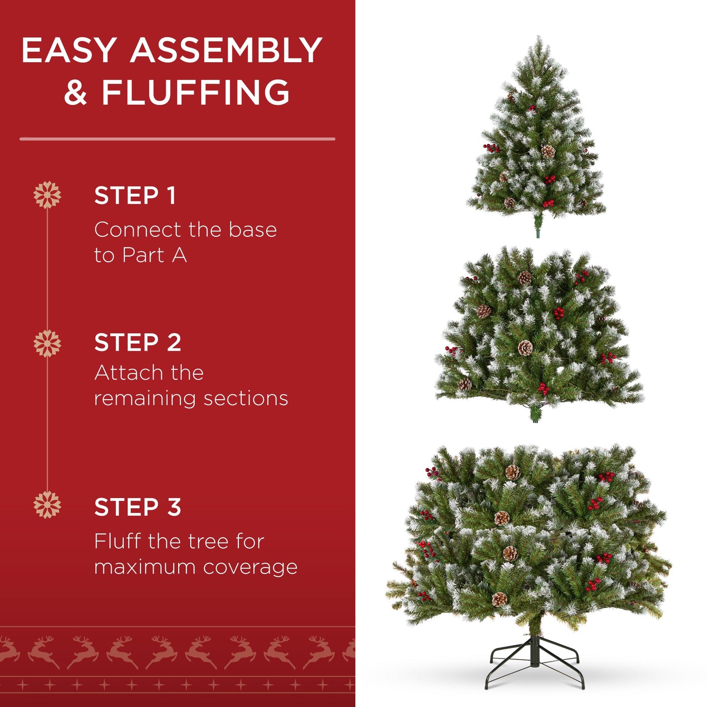 Pre-Lit Frosted Spruce Christmas Tree w/ Pinecones Berries Metal Base