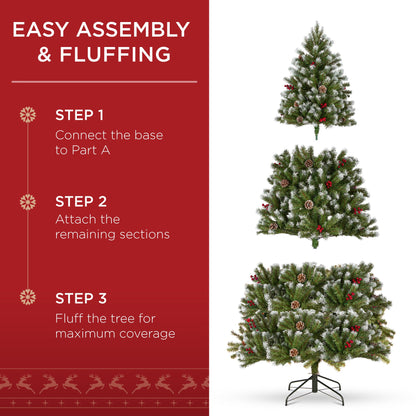 Pre-Lit Frosted Spruce Christmas Tree w/ Pinecones Berries Metal Base