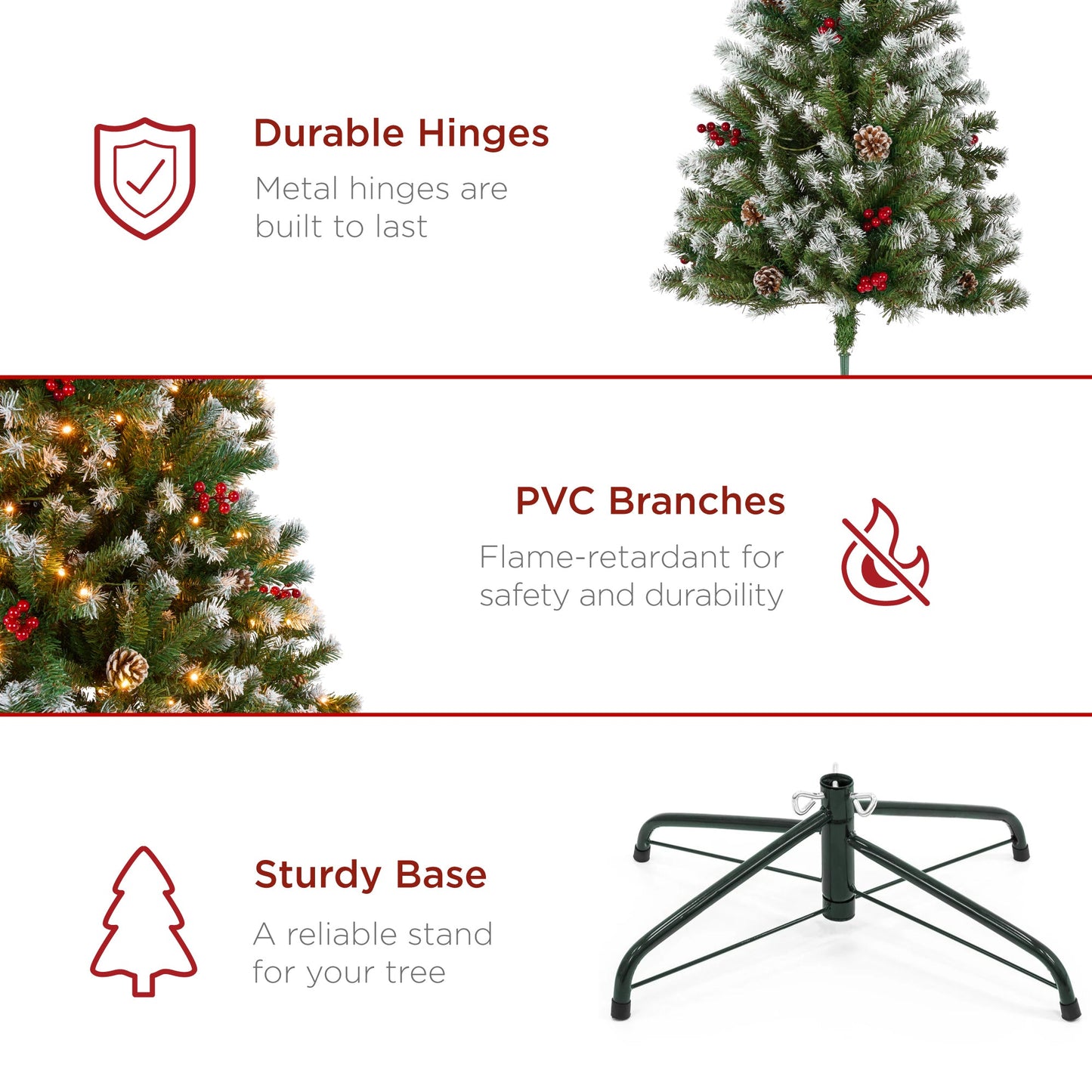Pre-Lit Frosted Spruce Christmas Tree w/ Pinecones Berries Metal Base