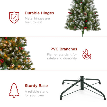Pre-Lit Frosted Spruce Christmas Tree w/ Pinecones Berries Metal Base