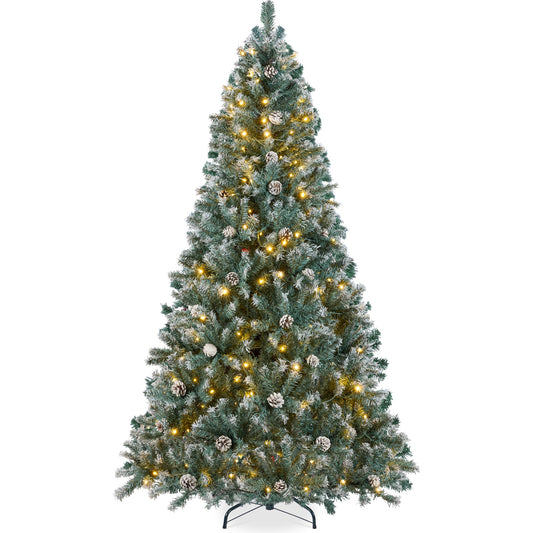Pre-Lit Pre-Decorated Christmas Tree w/ Flocked Tips Pinecones