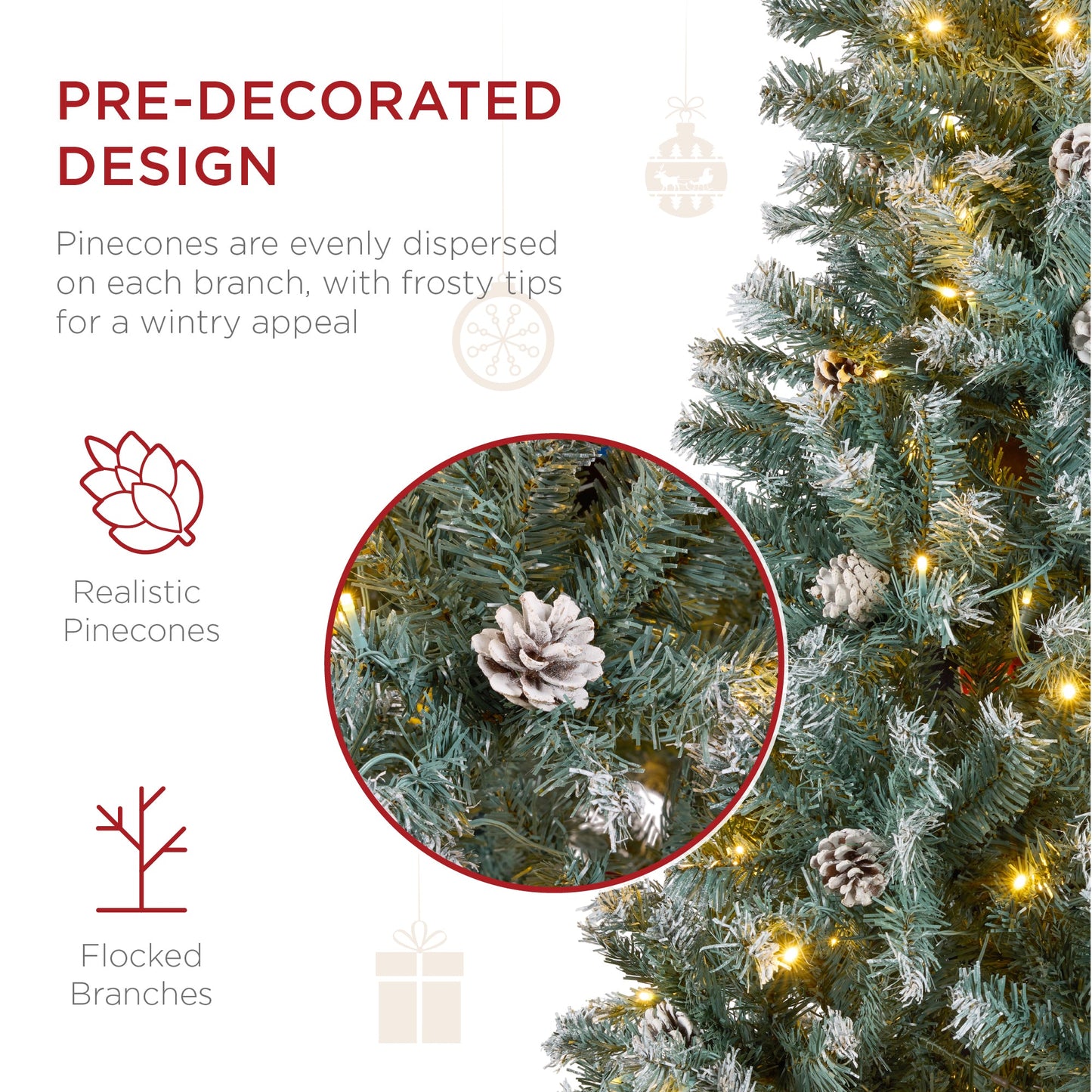Pre-Lit Pre-Decorated Christmas Tree w/ Flocked Tips Pinecones