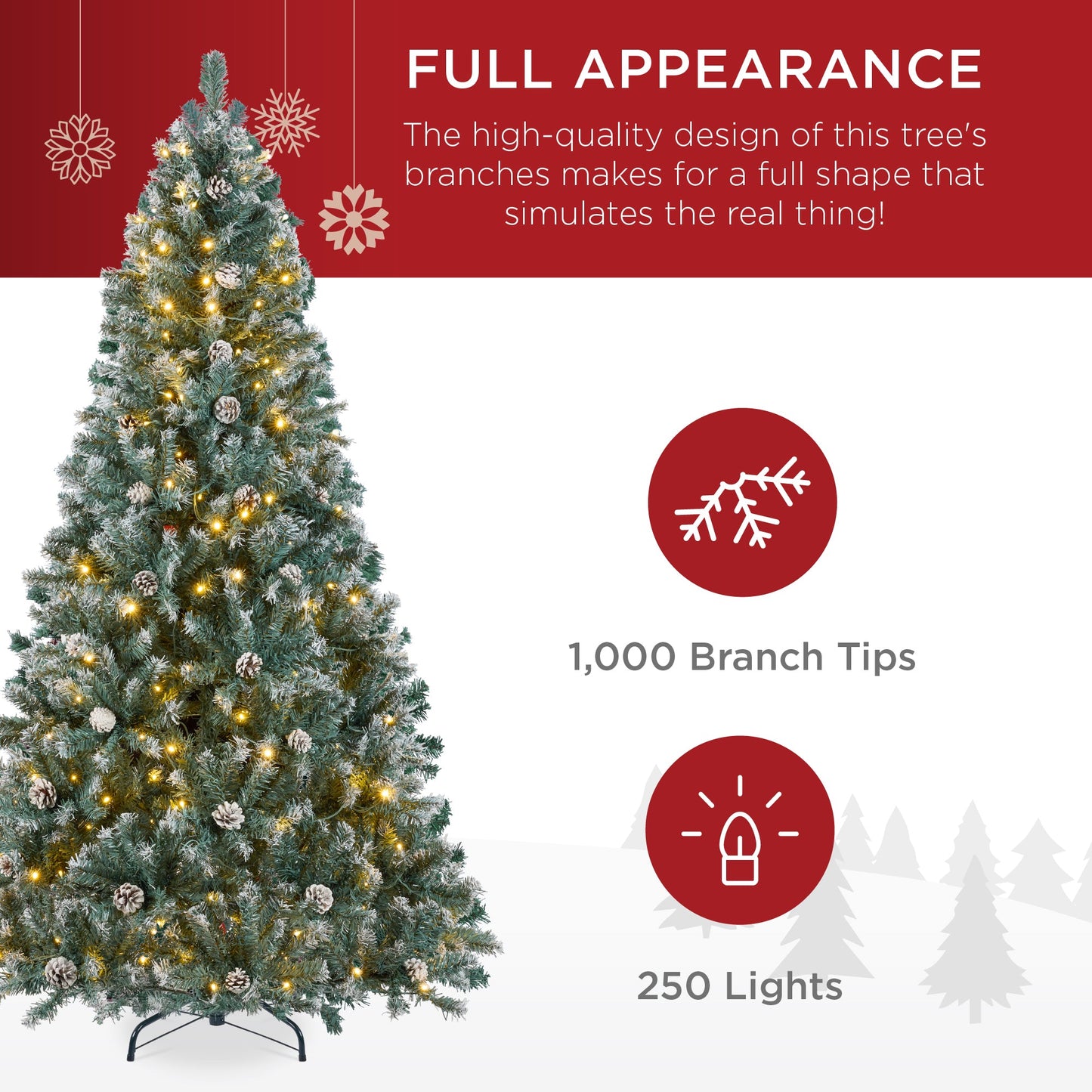 Pre-Lit Pre-Decorated Christmas Tree w/ Flocked Tips Pinecones