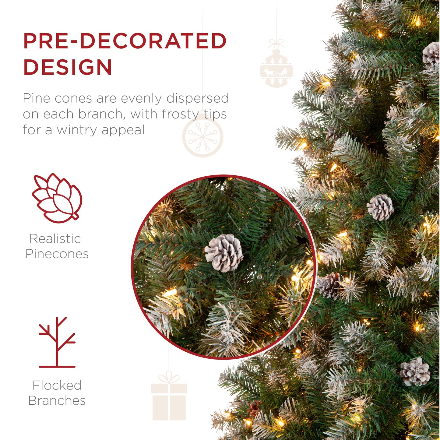 Pre-Lit Pre-Decorated Christmas Tree w/ Flocked Tips Pinecones