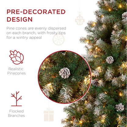 Pre-Lit Pre-Decorated Christmas Tree w/ Flocked Tips Pinecones
