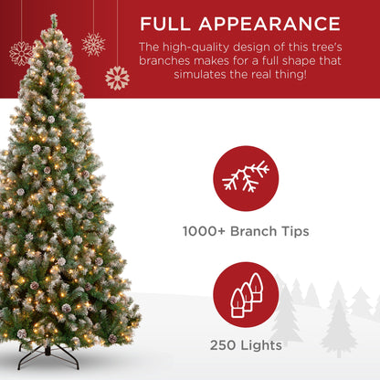 Pre-Lit Pre-Decorated Christmas Tree w/ Flocked Tips Pinecones