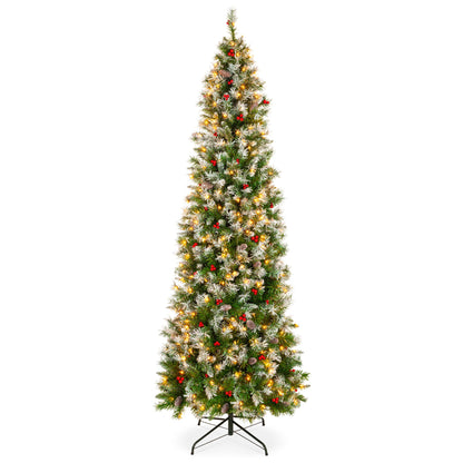 Pre-Lit Partially Flocked Spruce Pencil Tree w/ Berries Pine Cones