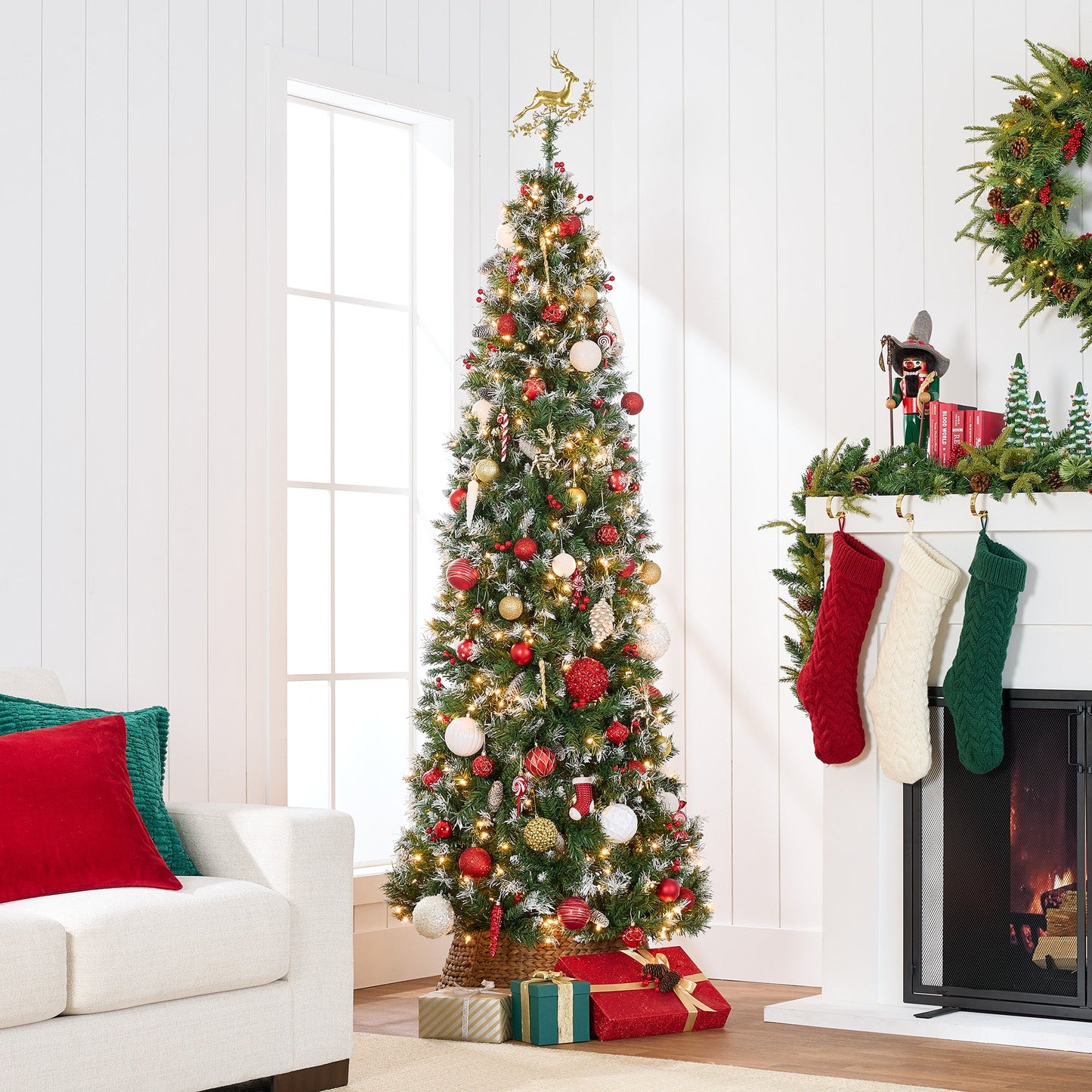 Pre-Lit Partially Flocked Spruce Pencil Tree w/ Berries Pine Cones