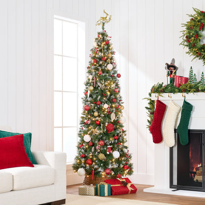 Pre-Lit Partially Flocked Spruce Pencil Tree w/ Berries Pine Cones
