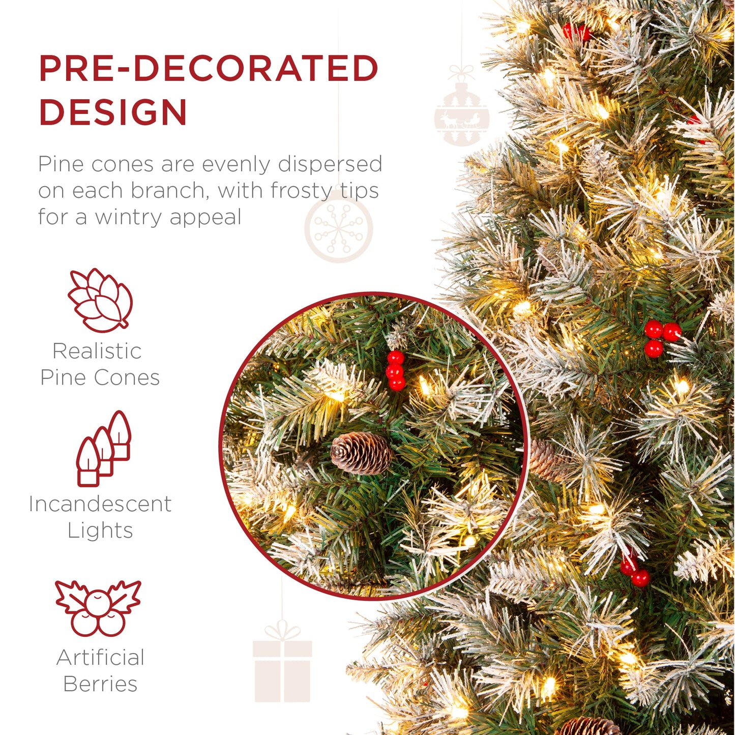 Pre-Lit Partially Flocked Spruce Pencil Tree w/ Berries Pine Cones