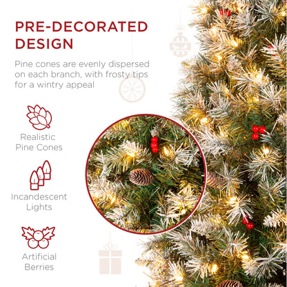 Pre-Lit Partially Flocked Spruce Pencil Tree w/ Berries Pine Cones