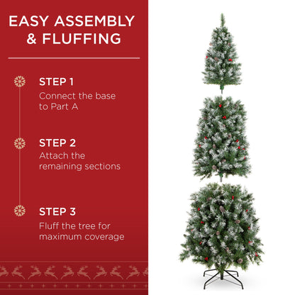 Pre-Lit Partially Flocked Spruce Pencil Tree w/ Berries Pine Cones