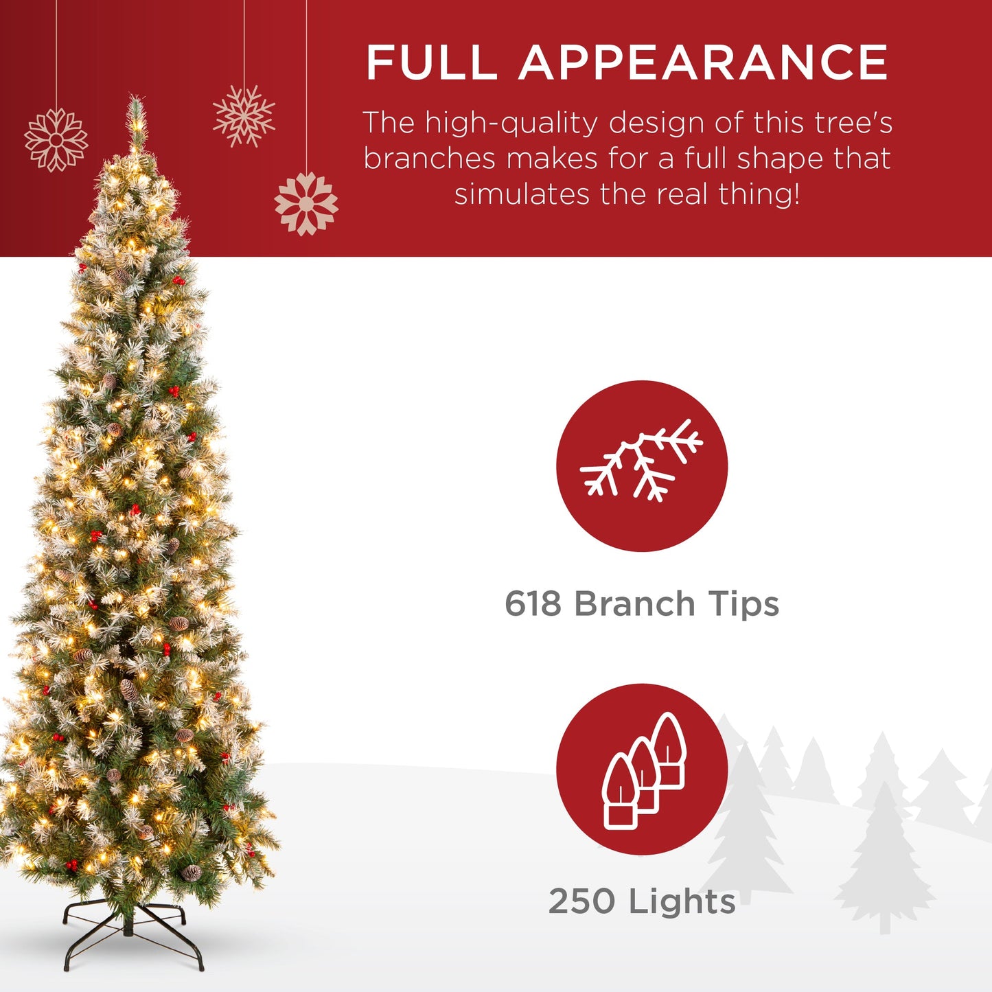Pre-Lit Partially Flocked Spruce Pencil Tree w/ Berries Pine Cones