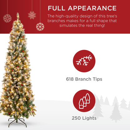 Pre-Lit Partially Flocked Spruce Pencil Tree w/ Berries Pine Cones