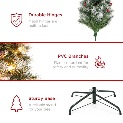 Pre-Lit Partially Flocked Spruce Pencil Tree w/ Berries Pine Cones