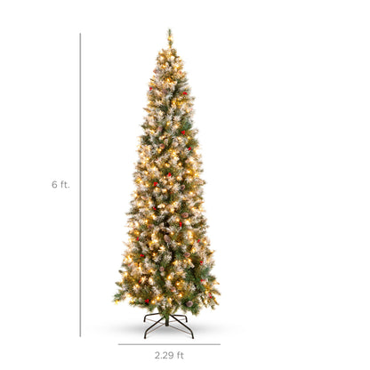 Pre-Lit Partially Flocked Spruce Pencil Tree w/ Berries Pine Cones