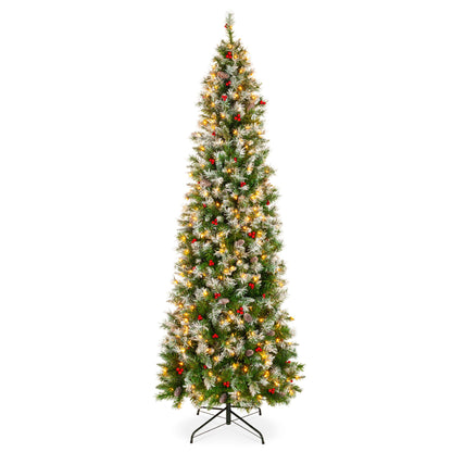 Pre-Lit Partially Flocked Spruce Pencil Tree w/ Berries Pine Cones