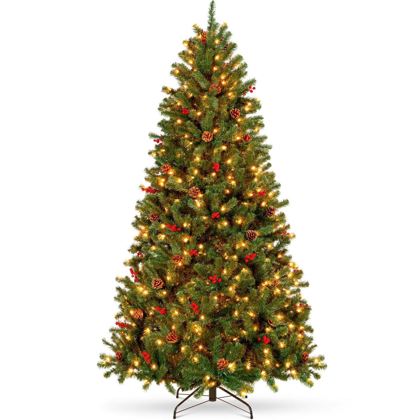 Pre-Lit Pre-Decorated Spruce Christmas Tree w/ Pine Cones Berries