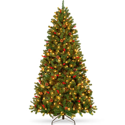 Pre-Lit Pre-Decorated Spruce Christmas Tree w/ Pine Cones Berries