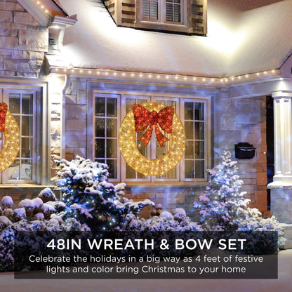 Pre-Lit Outdoor Christmas Wreath LED Metal Holiday Decor w/ Bow - 48in