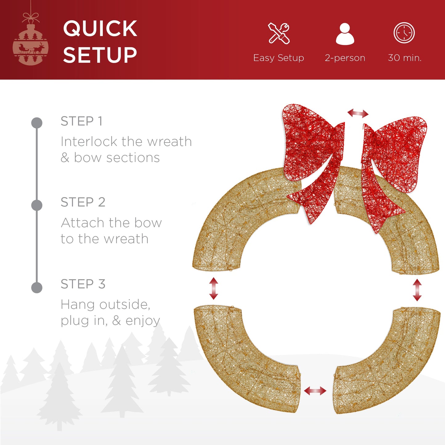Pre-Lit Outdoor Christmas Wreath LED Metal Holiday Decor w/ Bow - 48in