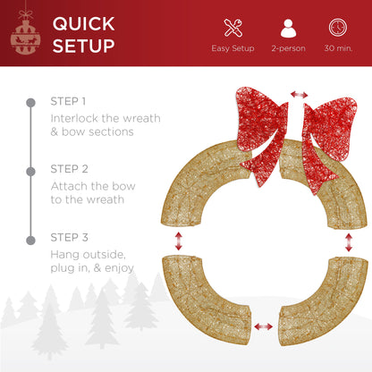 Pre-Lit Outdoor Christmas Wreath LED Metal Holiday Decor w/ Bow - 48in