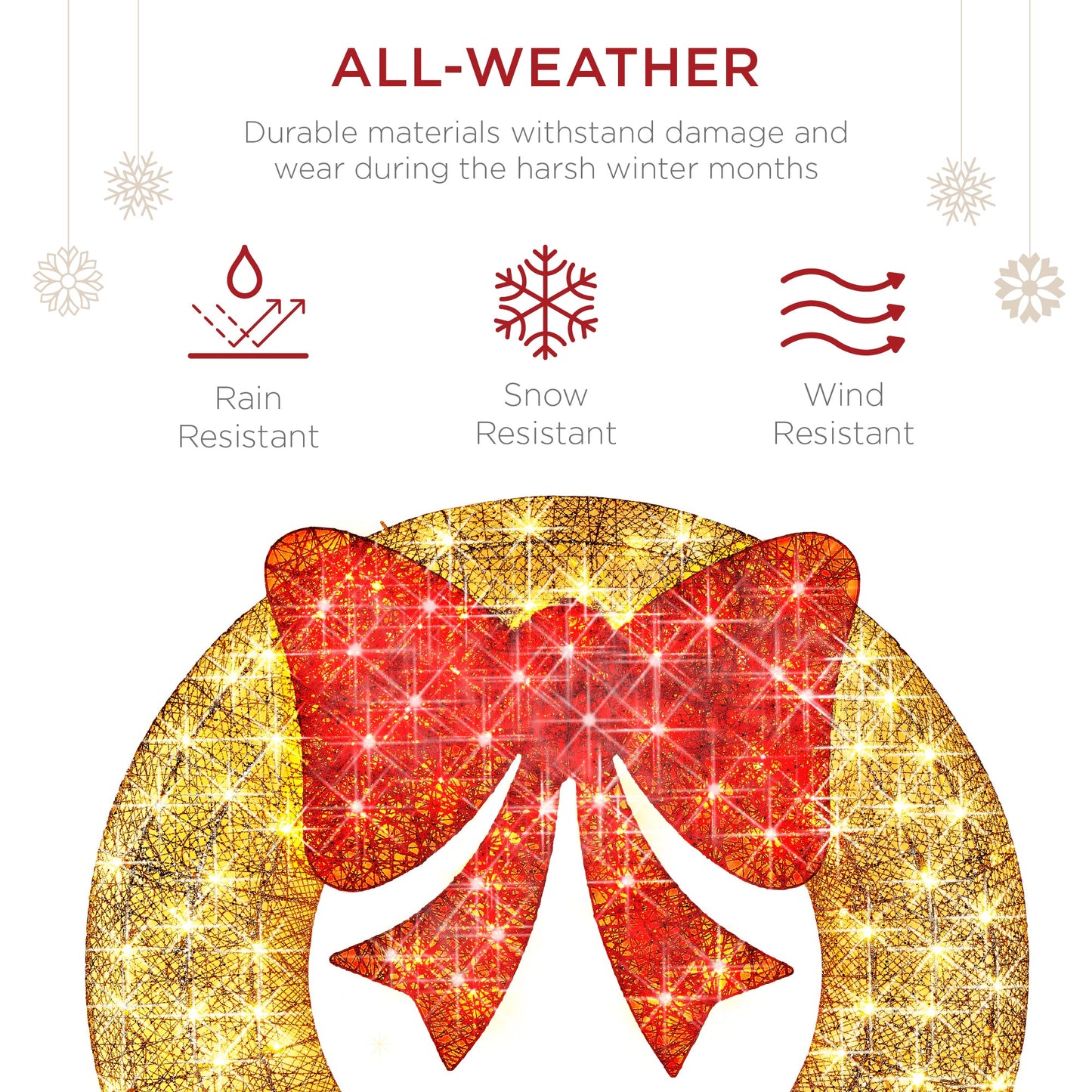 Pre-Lit Outdoor Christmas Wreath LED Metal Holiday Decor w/ Bow - 48in