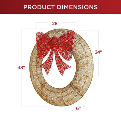 Pre-Lit Outdoor Christmas Wreath LED Metal Holiday Decor w/ Bow - 48in
