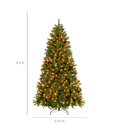 Pre-Lit Pre-Decorated Spruce Christmas Tree w/ Pine Cones Berries