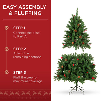 Pre-Lit Pre-Decorated Spruce Christmas Tree w/ Pine Cones Berries