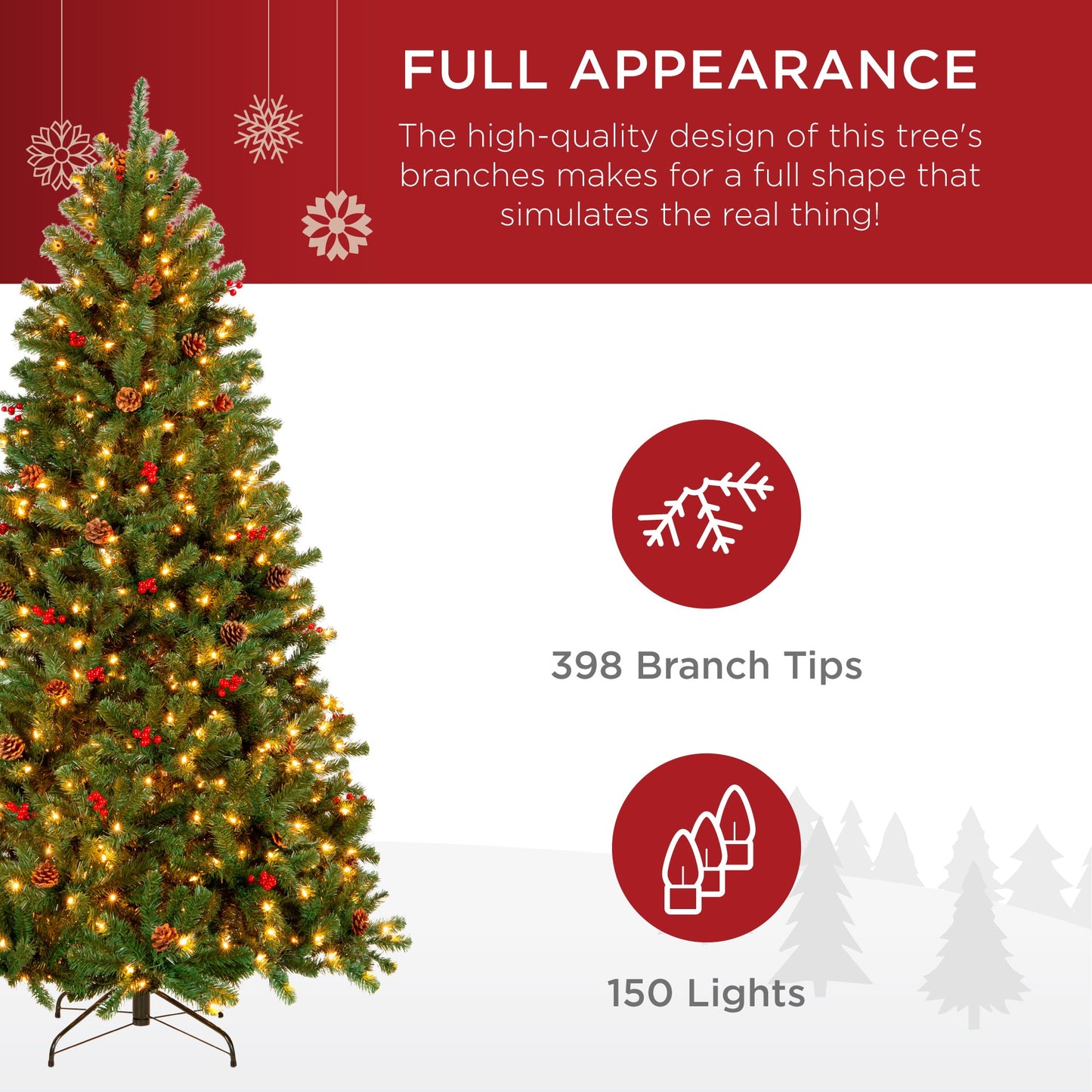 Pre-Lit Pre-Decorated Spruce Christmas Tree w/ Pine Cones Berries
