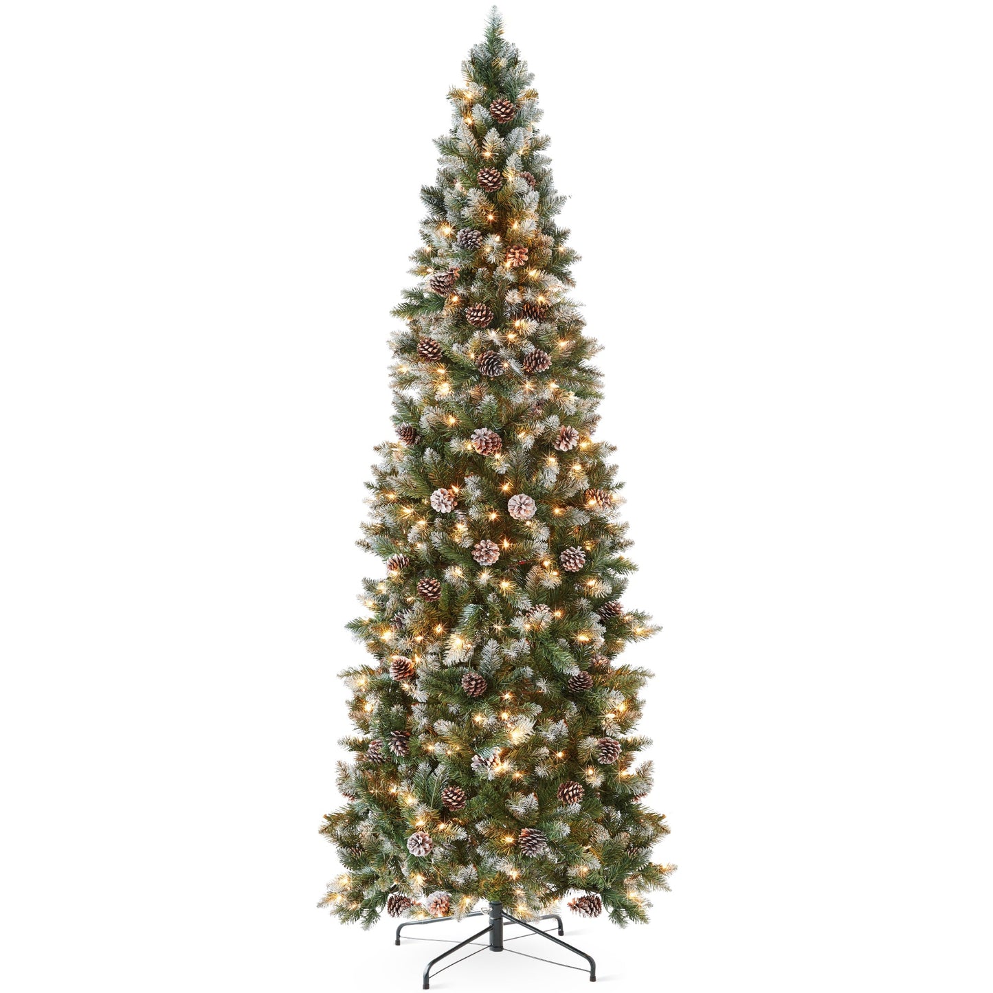 Pre-Lit Partially Flocked Pencil Christmas Tree w/ Pine Cones Metal Stand