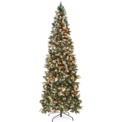 Pre-Lit Partially Flocked Pencil Christmas Tree w/ Pine Cones Metal Stand