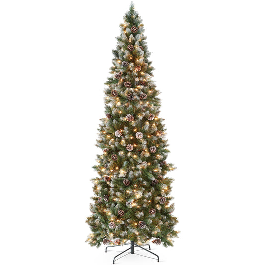 Pre-Lit Partially Flocked Pencil Christmas Tree w/ Pine Cones Metal Stand