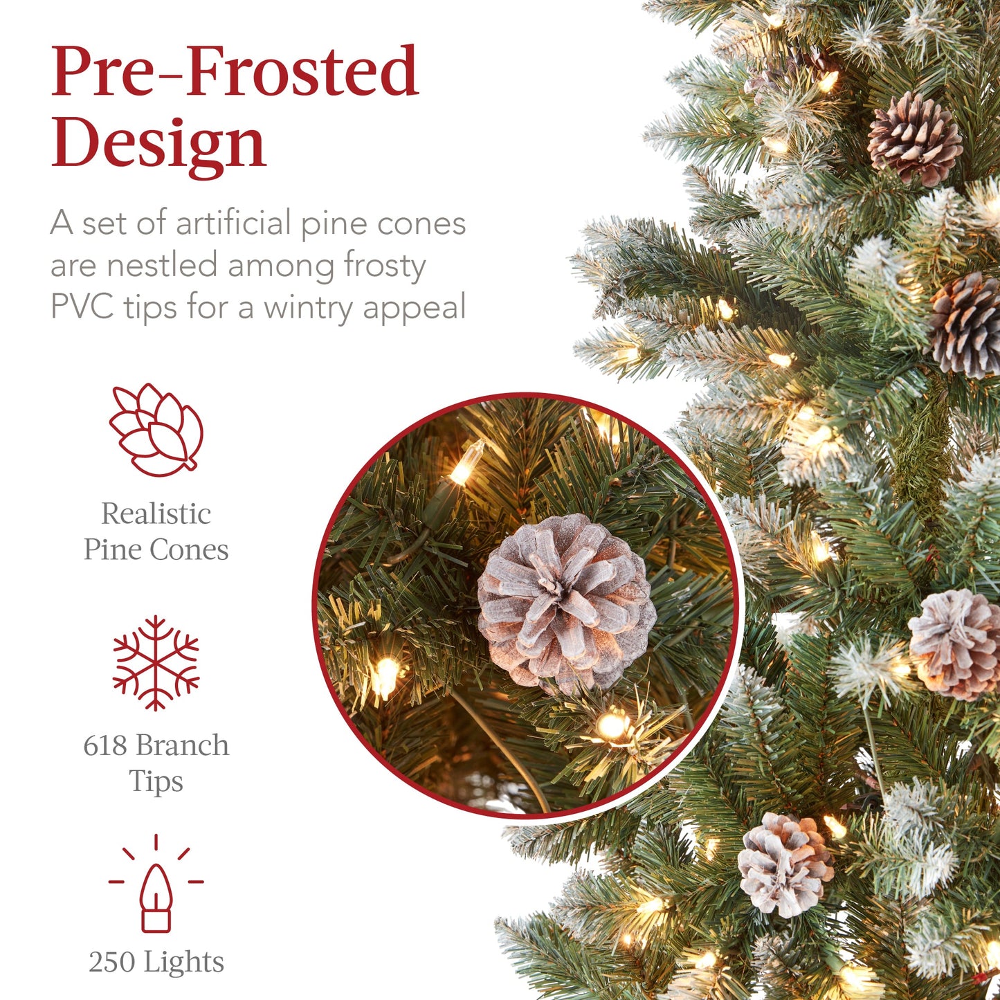 Pre-Lit Partially Flocked Pencil Christmas Tree w/ Pine Cones Metal Stand