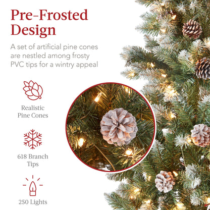 Pre-Lit Partially Flocked Pencil Christmas Tree w/ Pine Cones Metal Stand