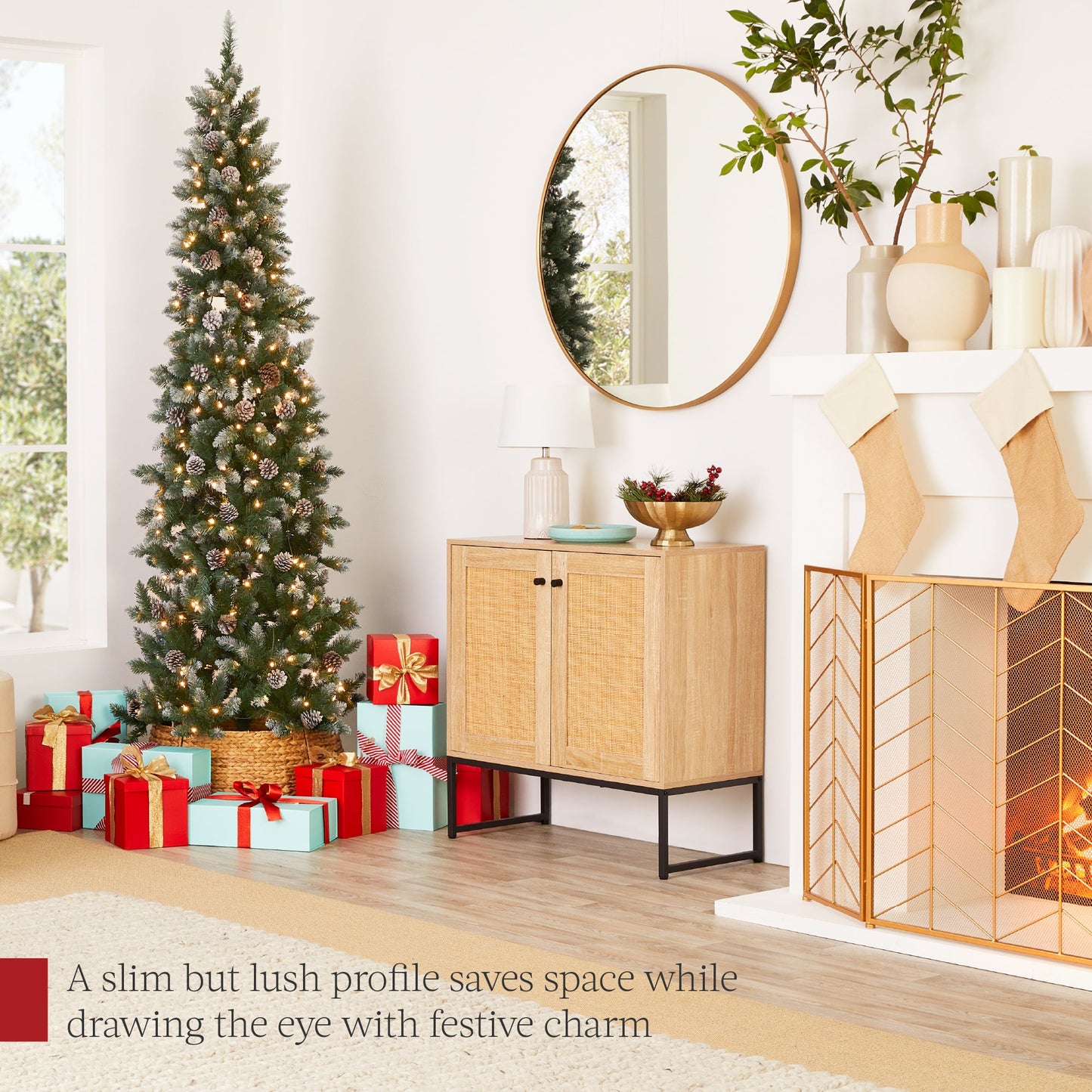 Pre-Lit Partially Flocked Pencil Christmas Tree w/ Pine Cones Metal Stand