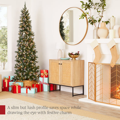 Pre-Lit Partially Flocked Pencil Christmas Tree w/ Pine Cones Metal Stand