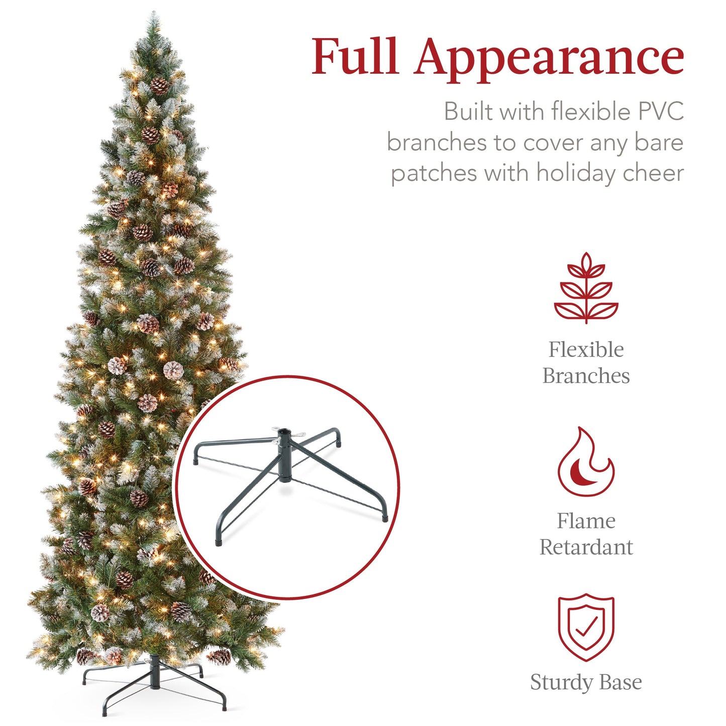 Pre-Lit Partially Flocked Pencil Christmas Tree w/ Pine Cones Metal Stand