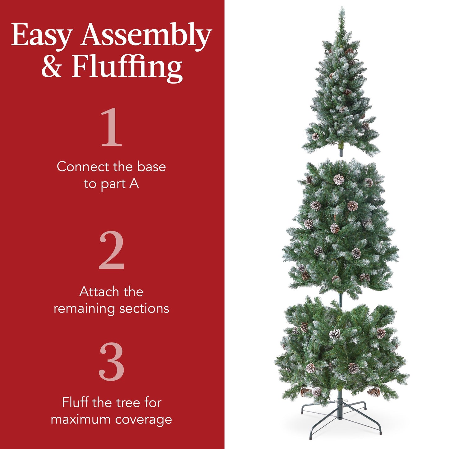 Pre-Lit Partially Flocked Pencil Christmas Tree w/ Pine Cones Metal Stand