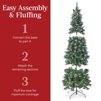 Pre-Lit Partially Flocked Pencil Christmas Tree w/ Pine Cones Metal Stand