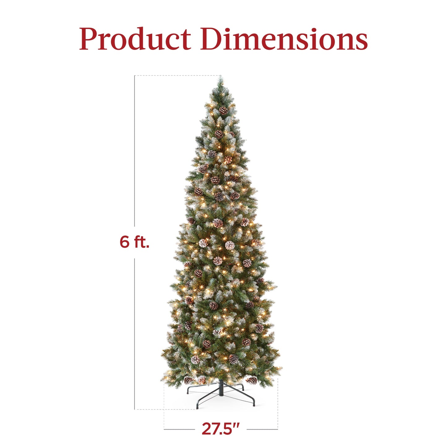 Pre-Lit Partially Flocked Pencil Christmas Tree w/ Pine Cones Metal Stand