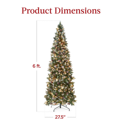 Pre-Lit Partially Flocked Pencil Christmas Tree w/ Pine Cones Metal Stand