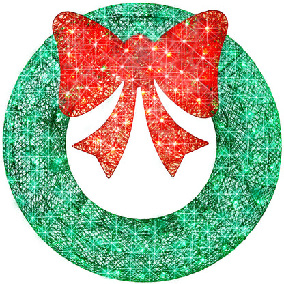 Pre-Lit Outdoor Christmas Wreath LED Metal Holiday Decor w/ Bow - 36in