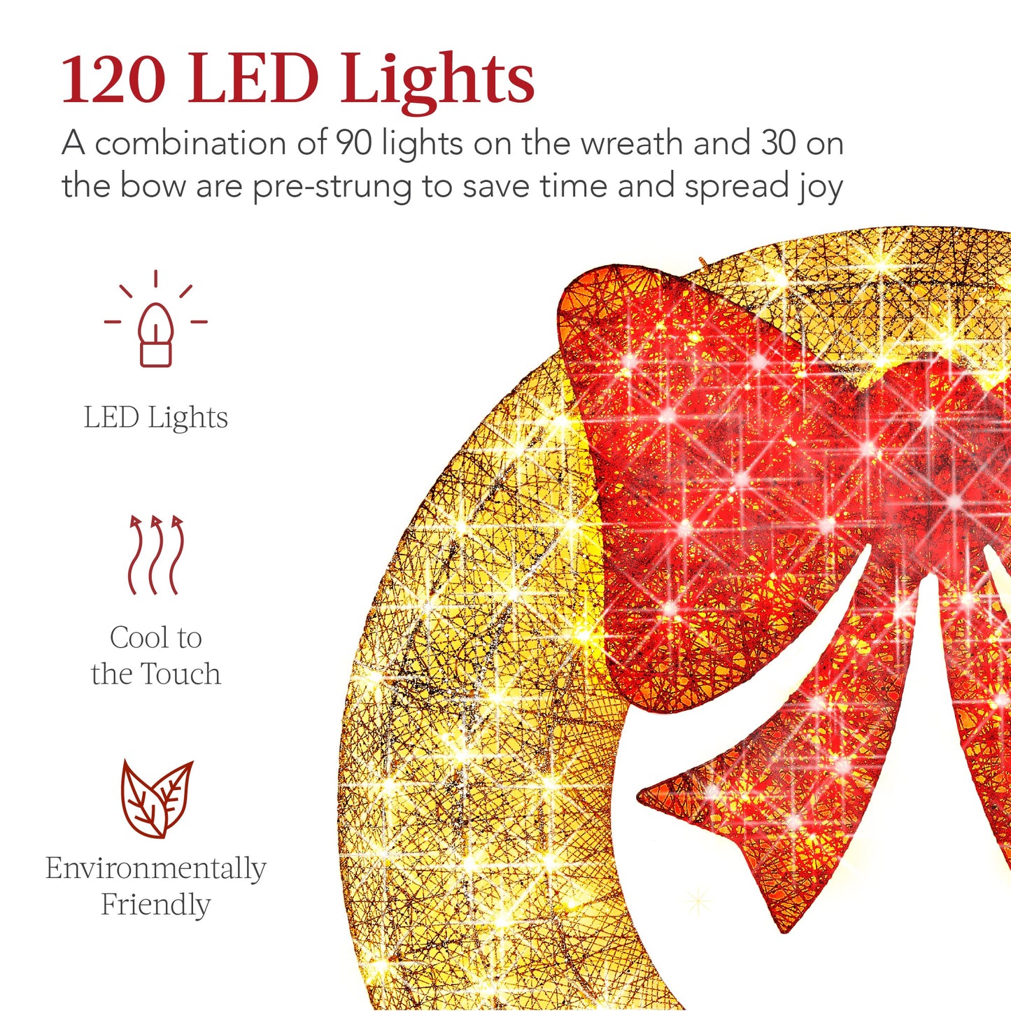 Pre-Lit Outdoor Christmas Wreath LED Metal Holiday Decor w/ Bow - 36in